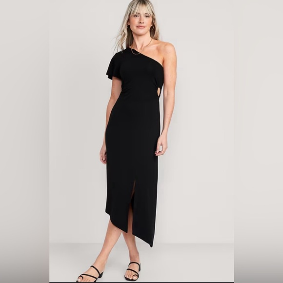Fitted one shoulder asymmetric cutout stretch knit midi dress - Picture 1 of 7